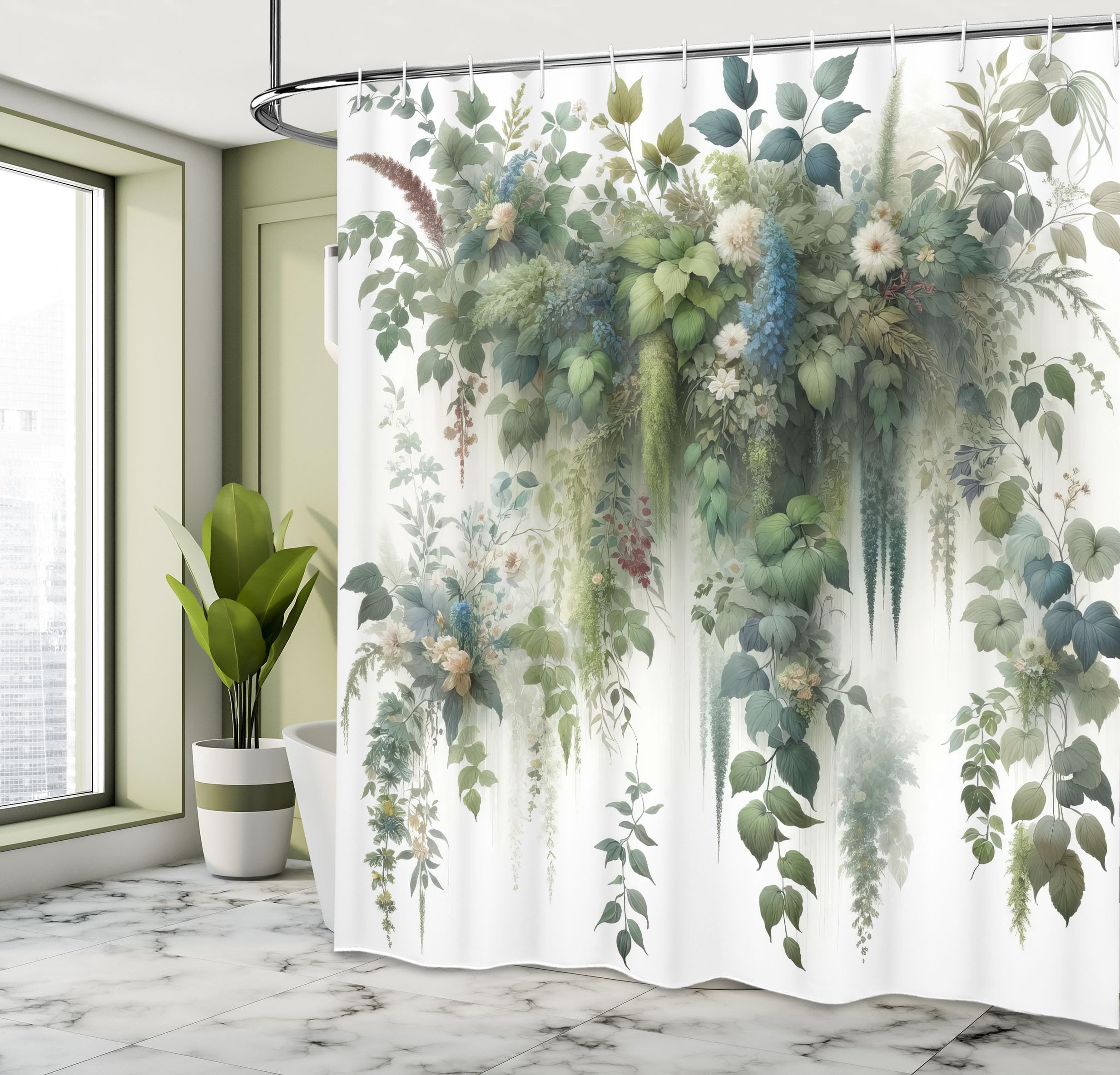 Ambesonne Botanical Shower Curtain, Branches And Leaves Cascading Down Look Motif In Watercolor Style Print, Cloth Fabric Bathro